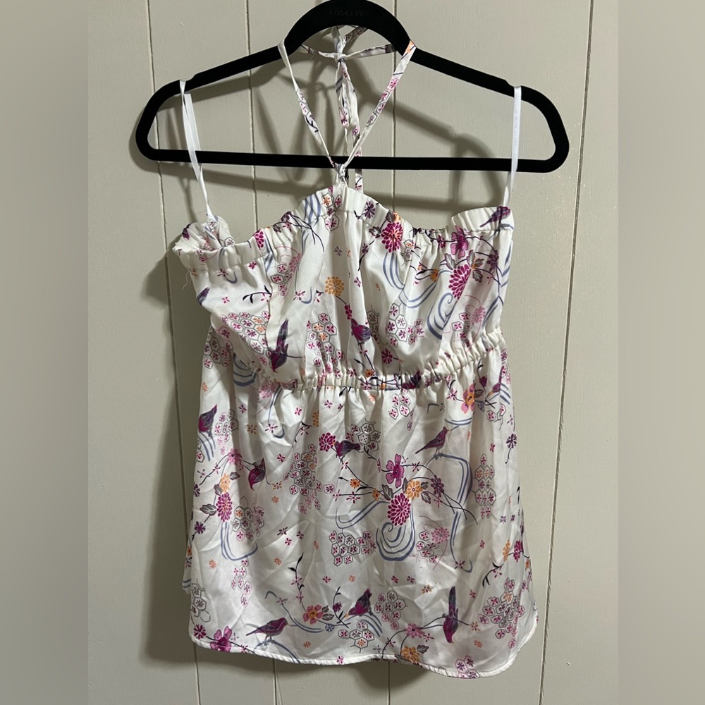 Vintage Torrid satin Asian print halter tie strapless top size 1 1x 14/16 birds
